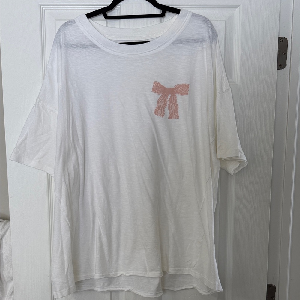 Aerie White Tee with Pink Bow Accent